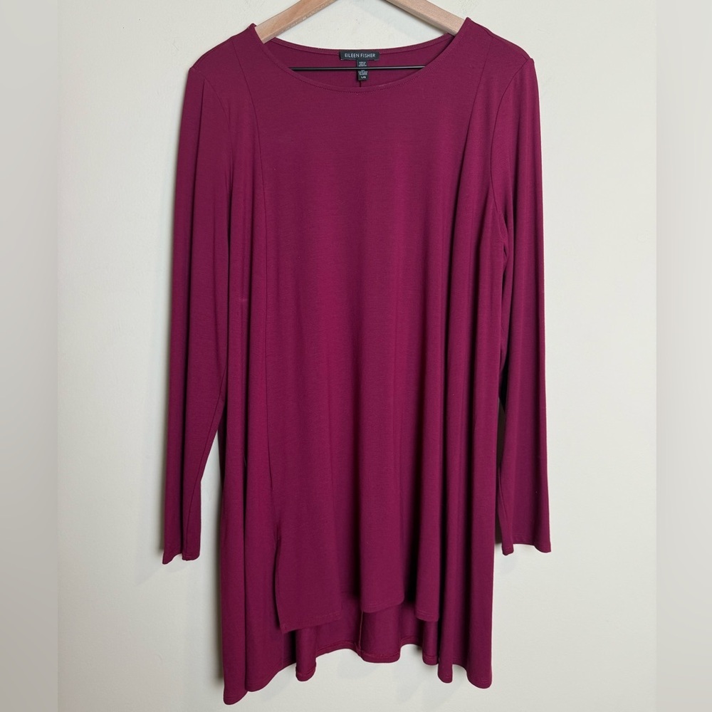 Eileen Fisher Womens Long Sleeve Tunic Dress Top Size Large Burgundy Minimalist